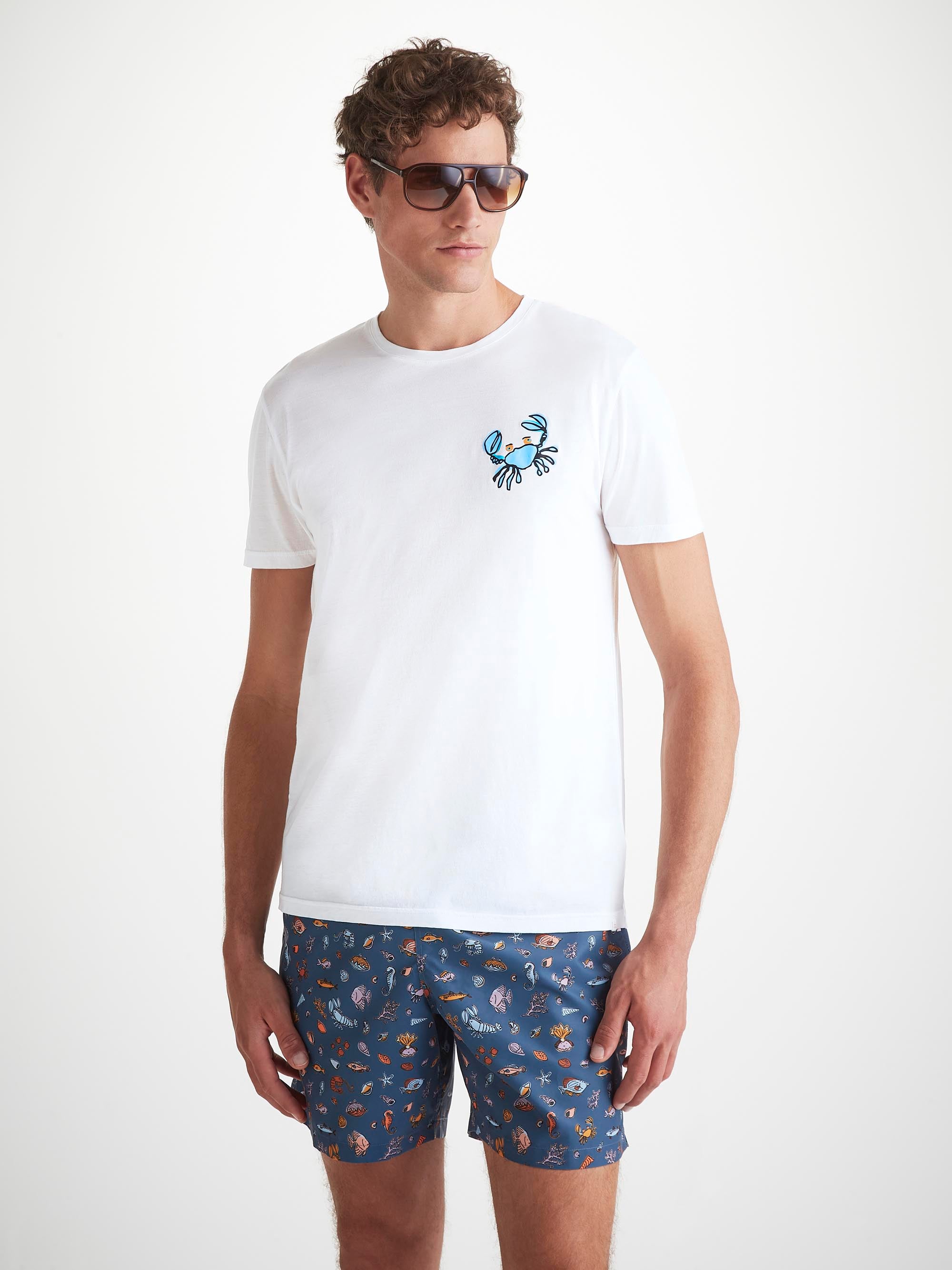 Men's T-Shirt Pima Cotton White Crab Motif Print
